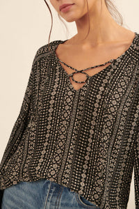 Going Global Geo-Print Lace-Up Peasant Top - ShopPromesa