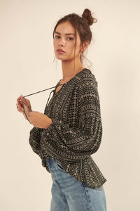 Going Global Geo-Print Lace-Up Peasant Top - ShopPromesa