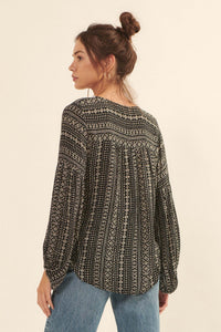 Going Global Geo-Print Lace-Up Peasant Top - ShopPromesa