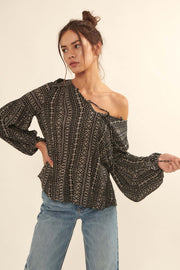 Going Global Geo-Print Lace-Up Peasant Top - ShopPromesa