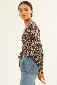 Moonlight Roses Floral Drawstring Peasant Top - ShopPromesa