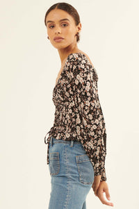 Moonlight Roses Floral Drawstring Peasant Top - ShopPromesa