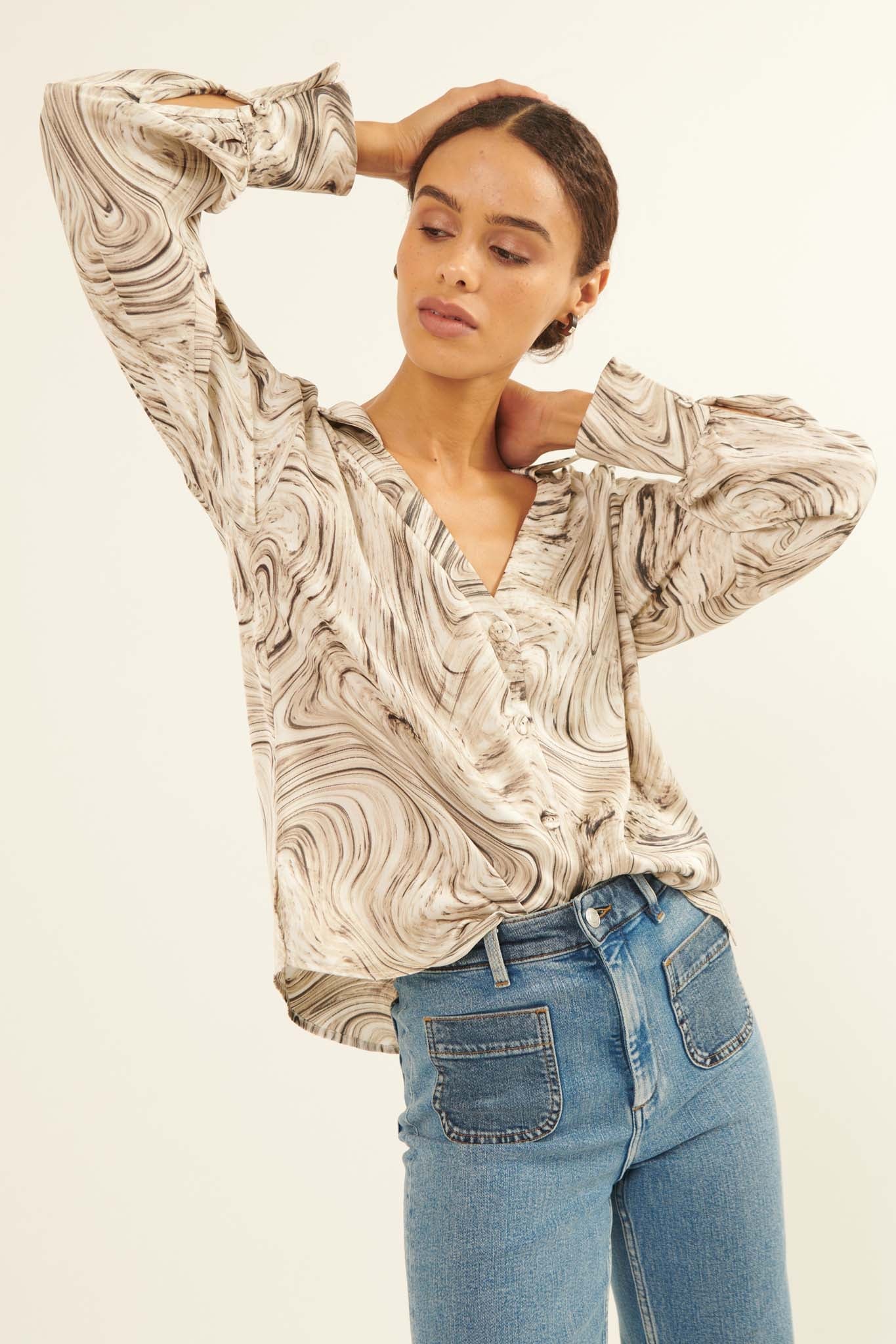 Let It Flow Marble-Print Satin French Cuff Shirt - ShopPromesa