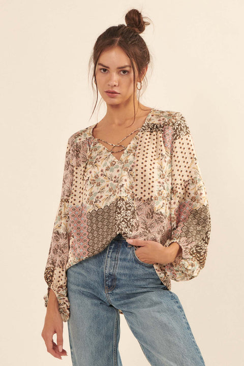 Patchwork Heart Floral Lace-Up Peasant Top - ShopPromesa