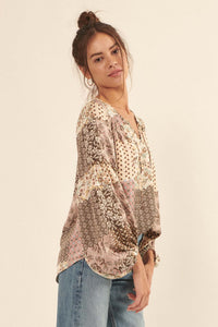 Patchwork Heart Floral Lace-Up Peasant Top - ShopPromesa