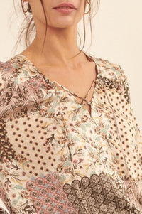 Patchwork Heart Floral Lace-Up Peasant Top - ShopPromesa