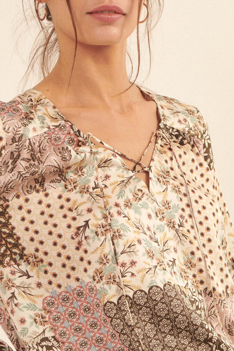 Patchwork Heart Floral Lace-Up Peasant Top - ShopPromesa
