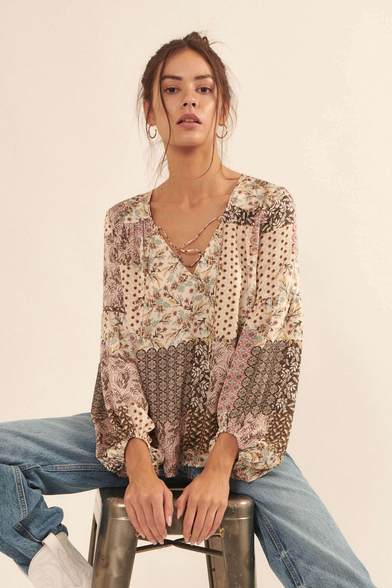 Patchwork Heart Floral Lace-Up Peasant Top - ShopPromesa