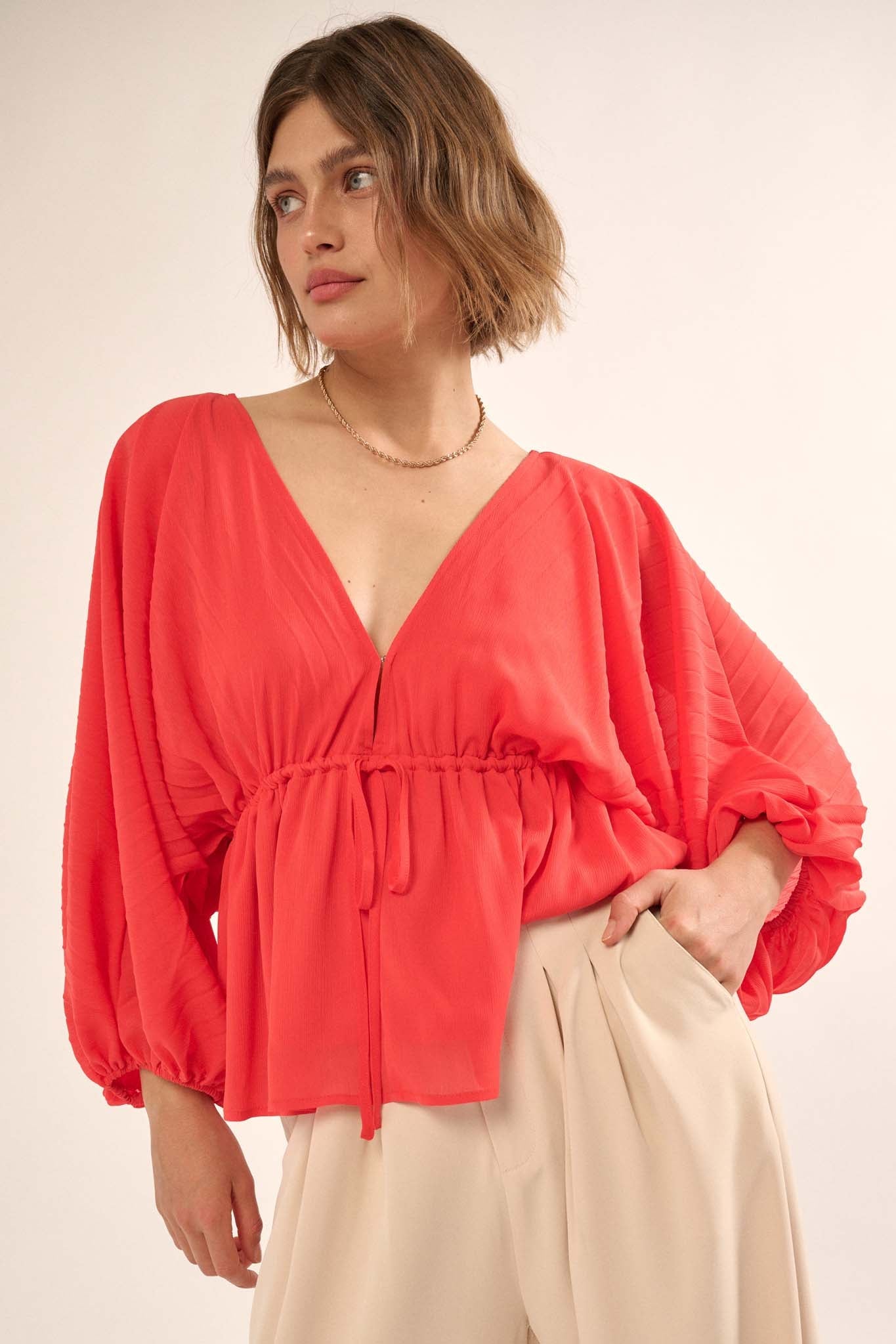 Ripple Effect Accordion Pleated Kimono Blouse - ShopPromesa