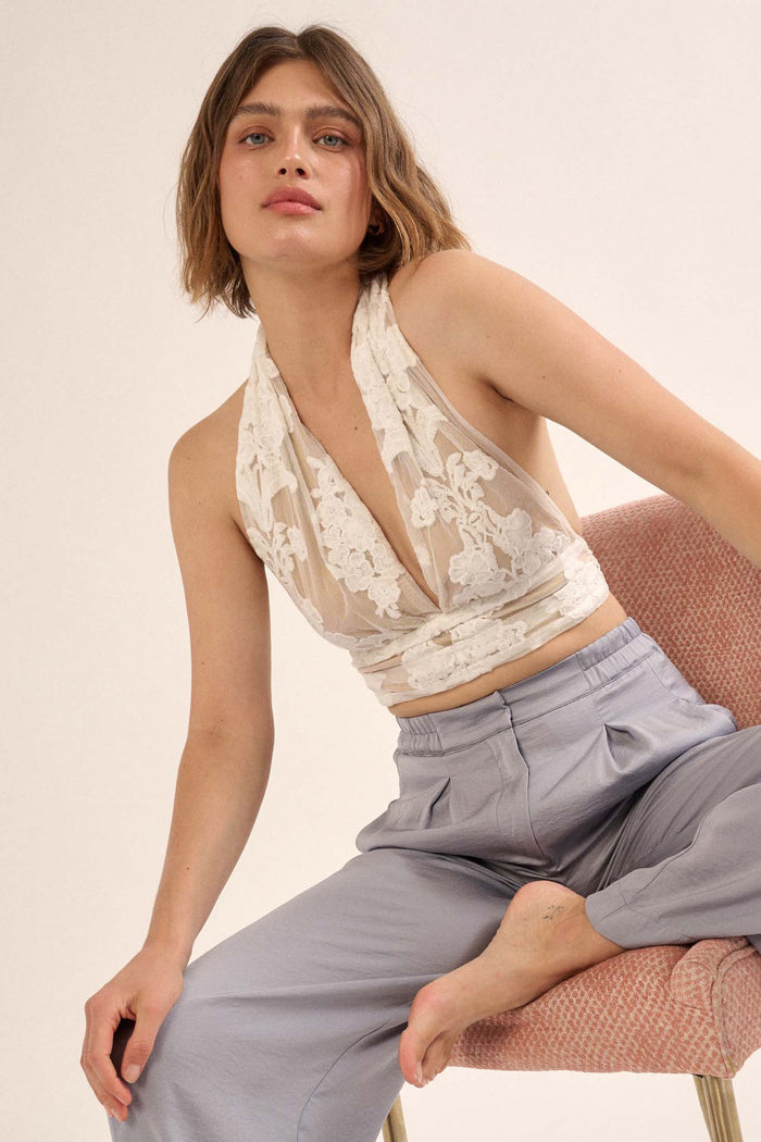 Sweet Sonata Embroidered Lace Cropped Halter Top - ShopPromesa