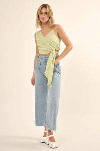 Greek to Me Asymmetrical Cropped Satin Wrap Top - ShopPromesa