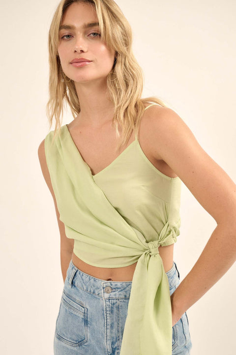 Greek to Me Asymmetrical Cropped Satin Wrap Top - ShopPromesa