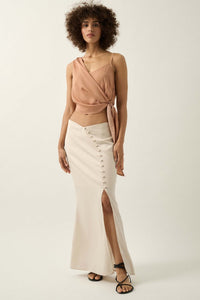 Greek to Me Asymmetrical Cropped Satin Wrap Top - ShopPromesa