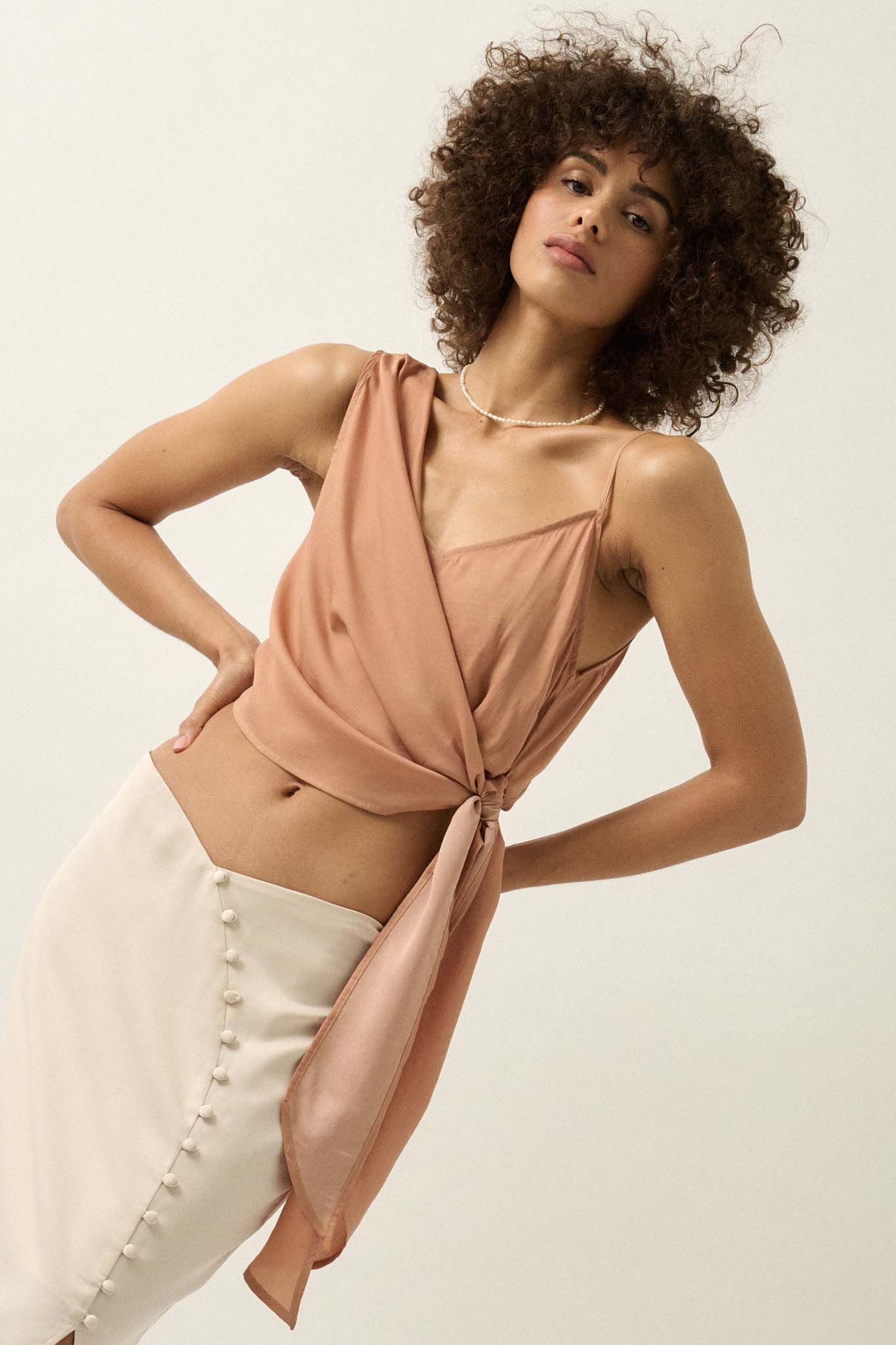 Greek to Me Asymmetrical Cropped Satin Wrap Top - ShopPromesa