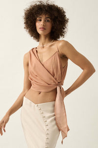 Greek to Me Asymmetrical Cropped Satin Wrap Top - ShopPromesa