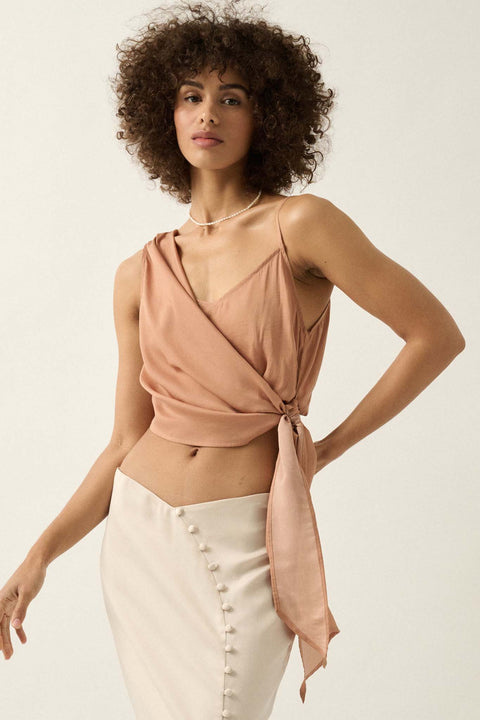 Greek to Me Asymmetrical Cropped Satin Wrap Top - ShopPromesa