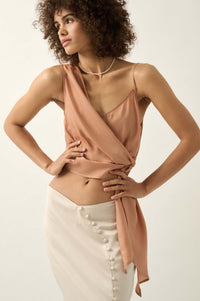 Greek to Me Asymmetrical Cropped Satin Wrap Top - ShopPromesa