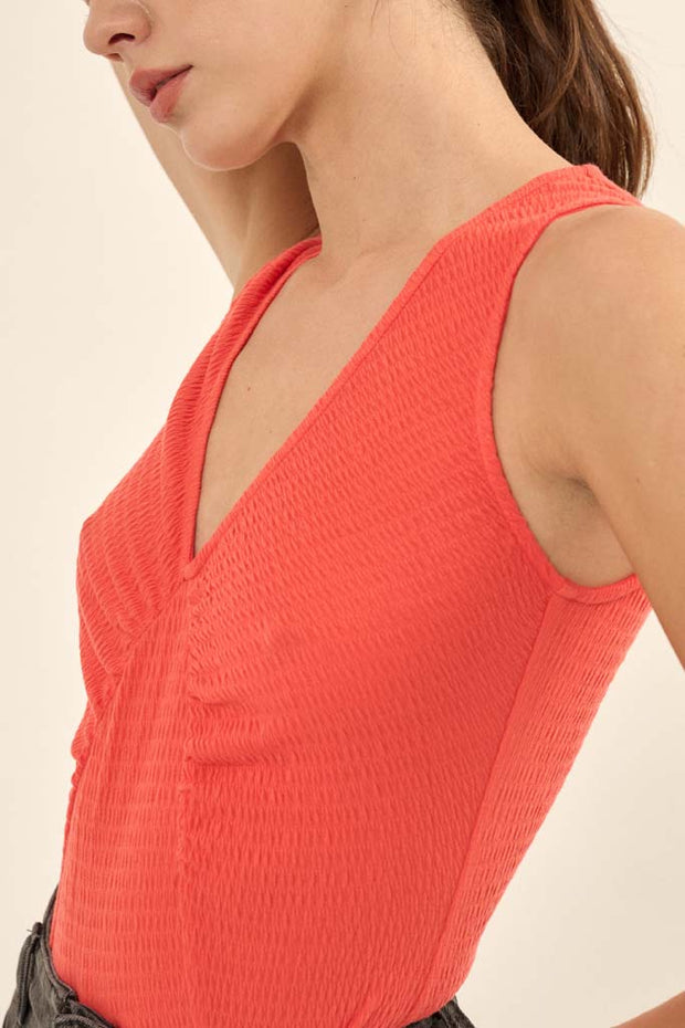 Smocked Jersey Ruched V-Neck Sleeveless Bodysuit - ShopPromesa