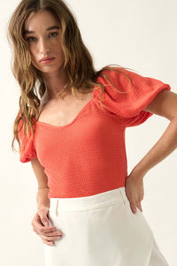 Smocked Jersey Puff-Sleeve Sweetheart Peasant Top - ShopPromesa