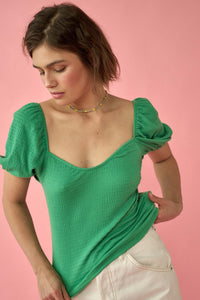 Smocked Jersey Puff-Sleeve Sweetheart Peasant Top - ShopPromesa