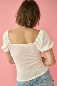 Smocked Jersey Puff-Sleeve Sweetheart Peasant Top - ShopPromesa