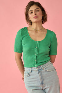 Smocked Jersey Scoopneck Button-Up Short-Sleeve Top - ShopPromesa