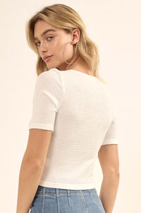 Smocked Jersey Scoopneck Button-Up Short-Sleeve Top - ShopPromesa