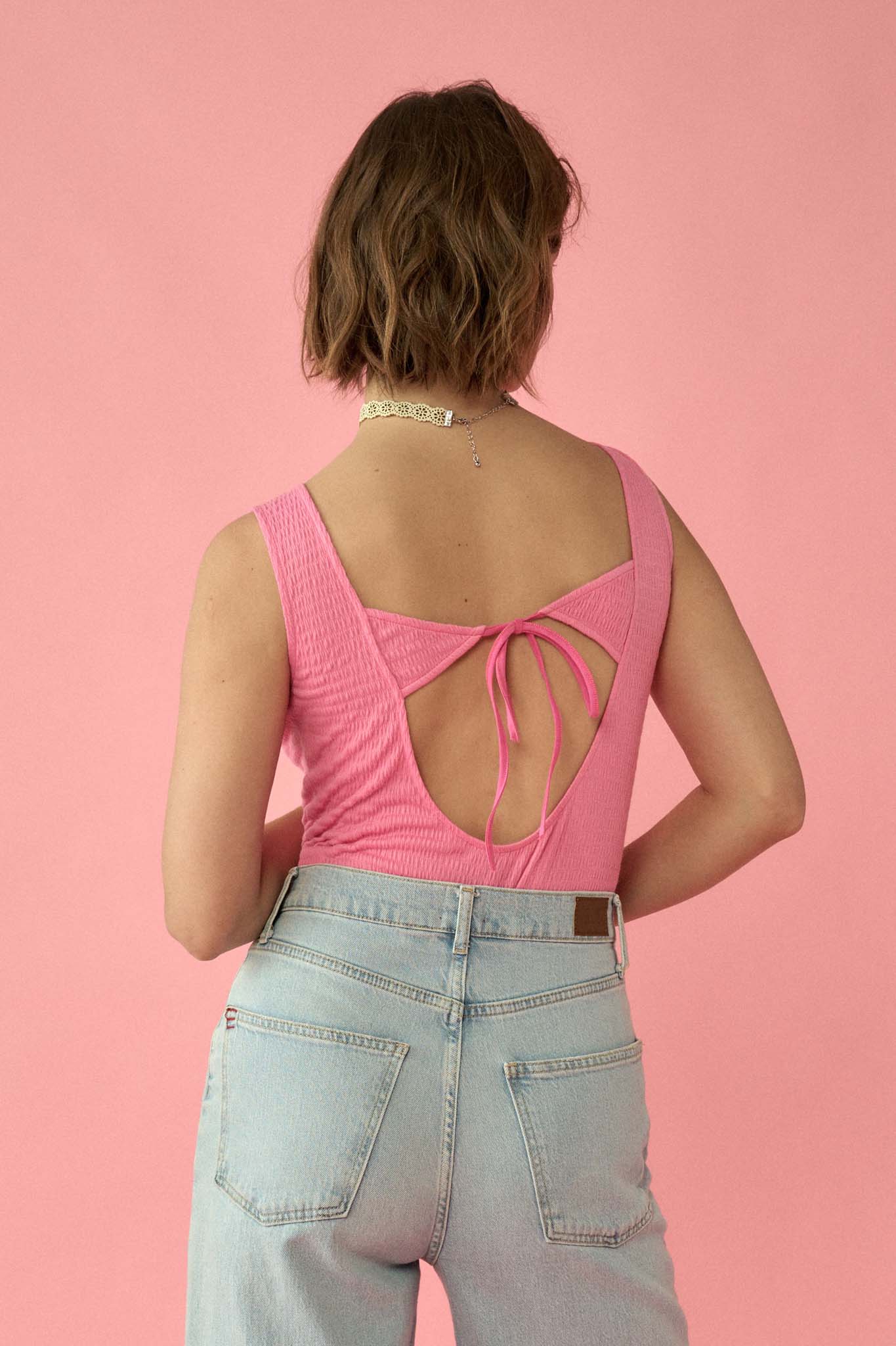 Smocked Jersey Scoop Neck Tie-Back Tank Bodysuit - ShopPromesa