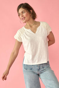 Easy Fit Ruched-Sleeve Cotton Slub Split-Neck Tee - ShopPromesa