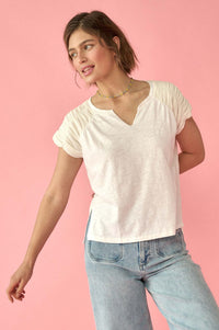 Easy Fit Ruched-Sleeve Cotton Slub Split-Neck Tee - ShopPromesa