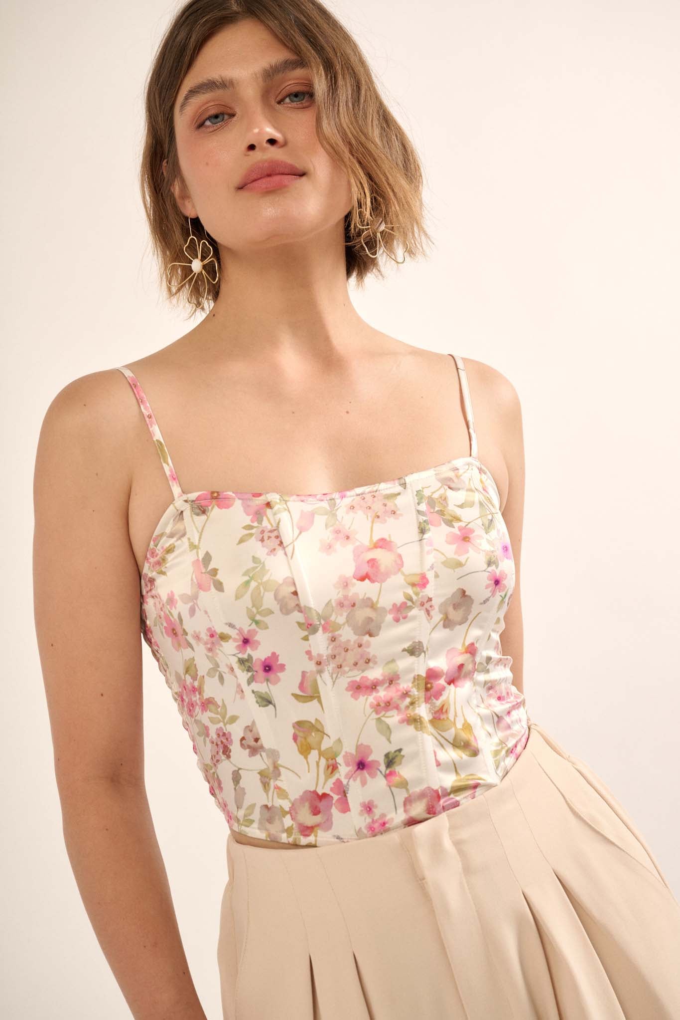 Lustrous Petals Floral Satin Corset Cami Top - ShopPromesa