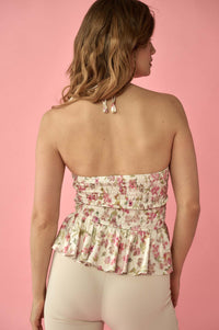 Satin Blooms Floral Satin Peplum Halter Cami Top - ShopPromesa