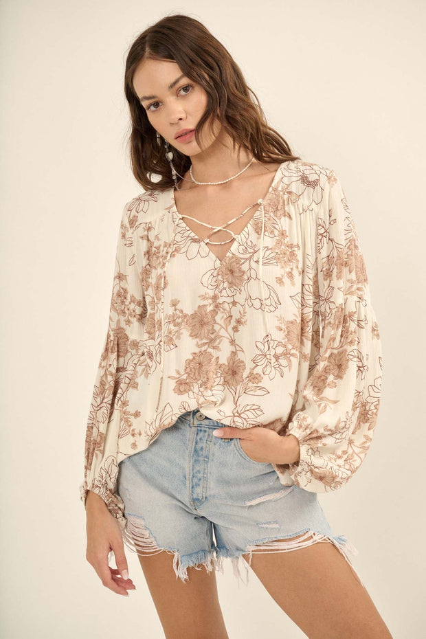 Blooming Heart Floral Lace-Up Peasant Top - ShopPromesa