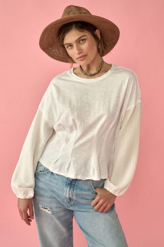 Hopeful Heart Mixed Media Pleated Long-Sleeve Top - ShopPromesa