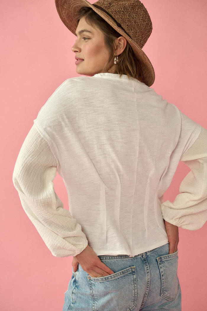 Hopeful Heart Mixed Media Pleated Long-Sleeve Top - ShopPromesa