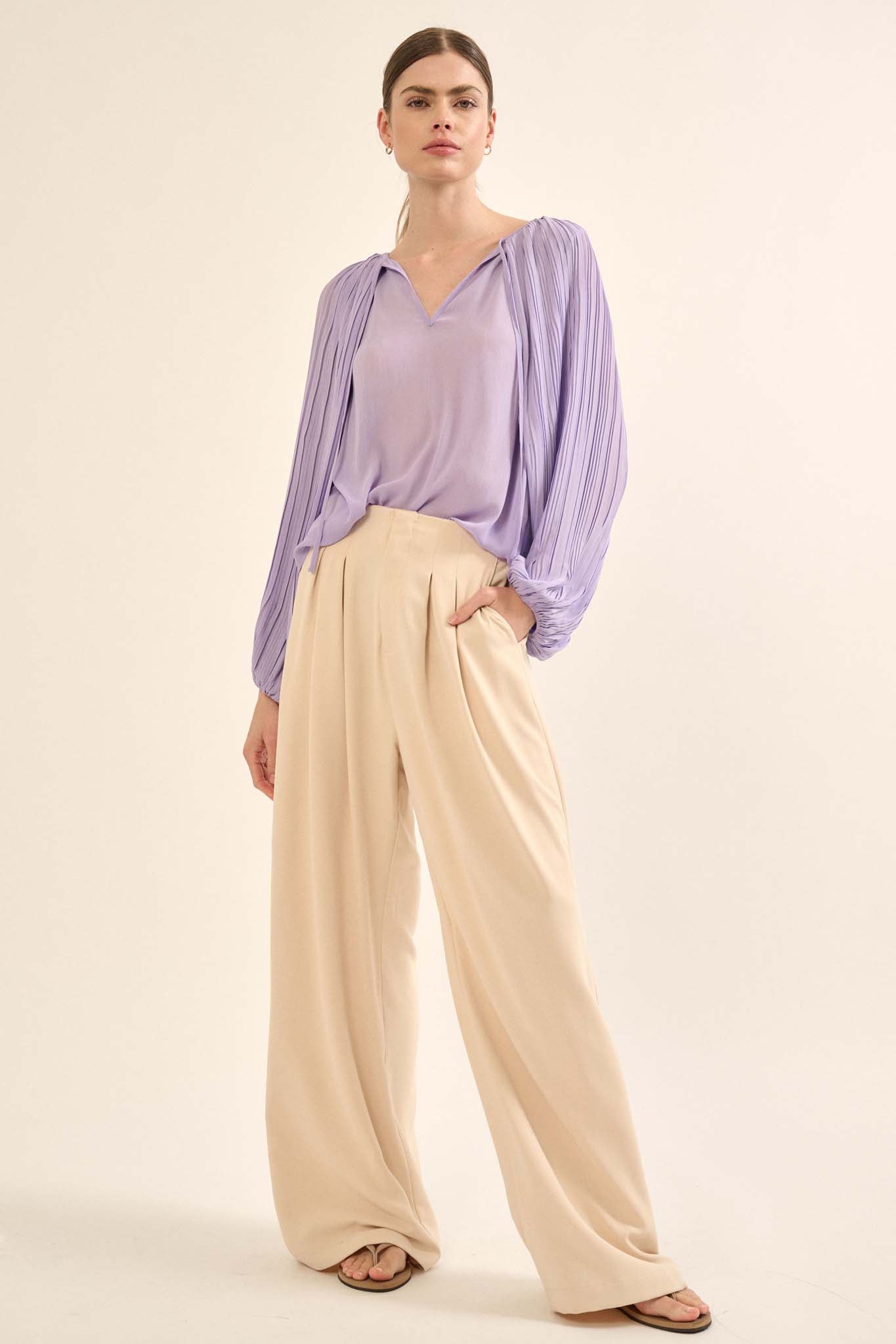 Angelic Heart Pleated Balloon-Sleeve Chiffon Top - ShopPromesa