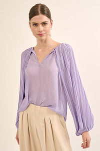 Angelic Heart Pleated Balloon-Sleeve Chiffon Top - ShopPromesa