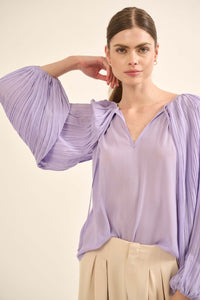 Angelic Heart Pleated Balloon-Sleeve Chiffon Top - ShopPromesa