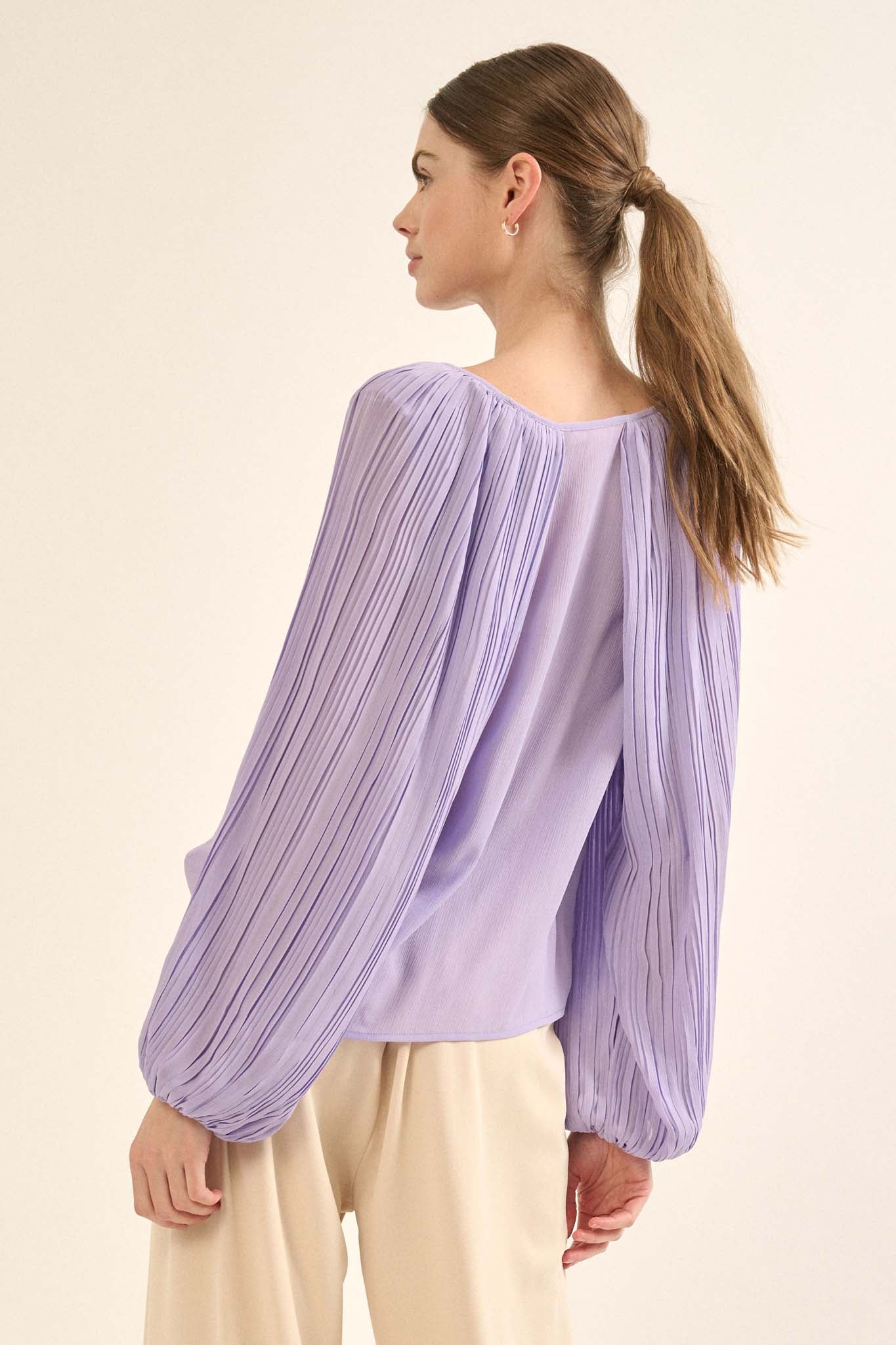 Angelic Heart Pleated Balloon-Sleeve Chiffon Top - ShopPromesa