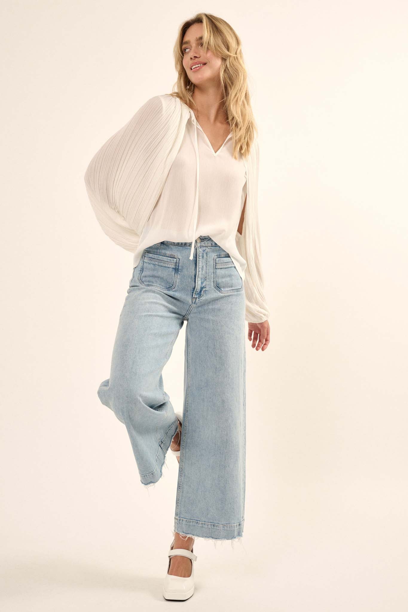 Angelic Heart Pleated Balloon-Sleeve Chiffon Top - ShopPromesa