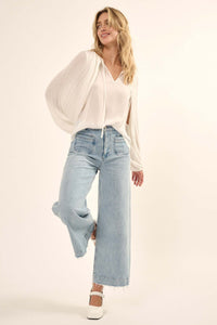 Angelic Heart Pleated Balloon-Sleeve Chiffon Top - ShopPromesa