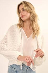 Angelic Heart Pleated Balloon-Sleeve Chiffon Top - ShopPromesa