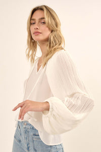 Angelic Heart Pleated Balloon-Sleeve Chiffon Top - ShopPromesa