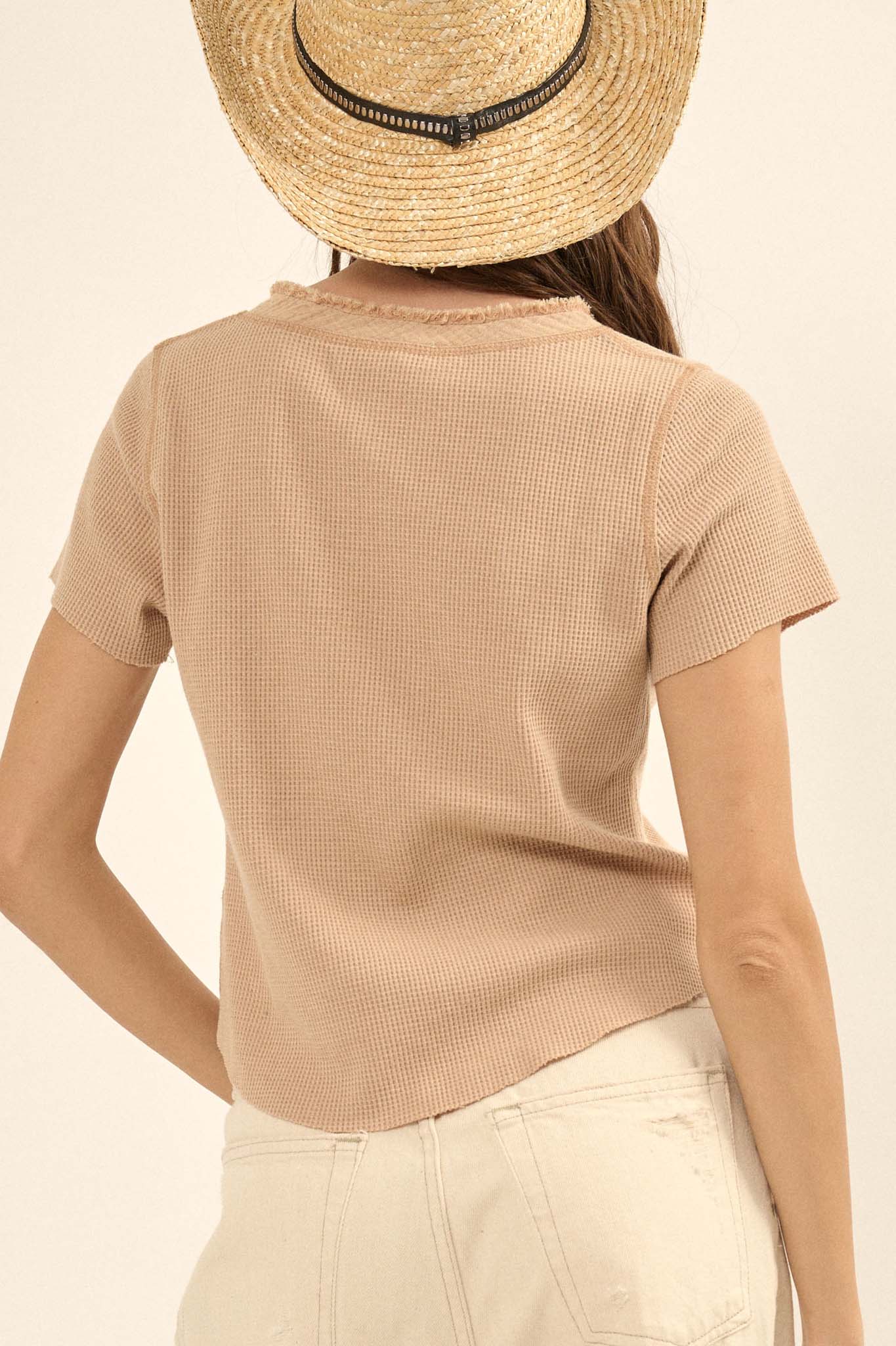 Casually Cool Waffle Knit Raw-Edge Henley Tee - ShopPromesa