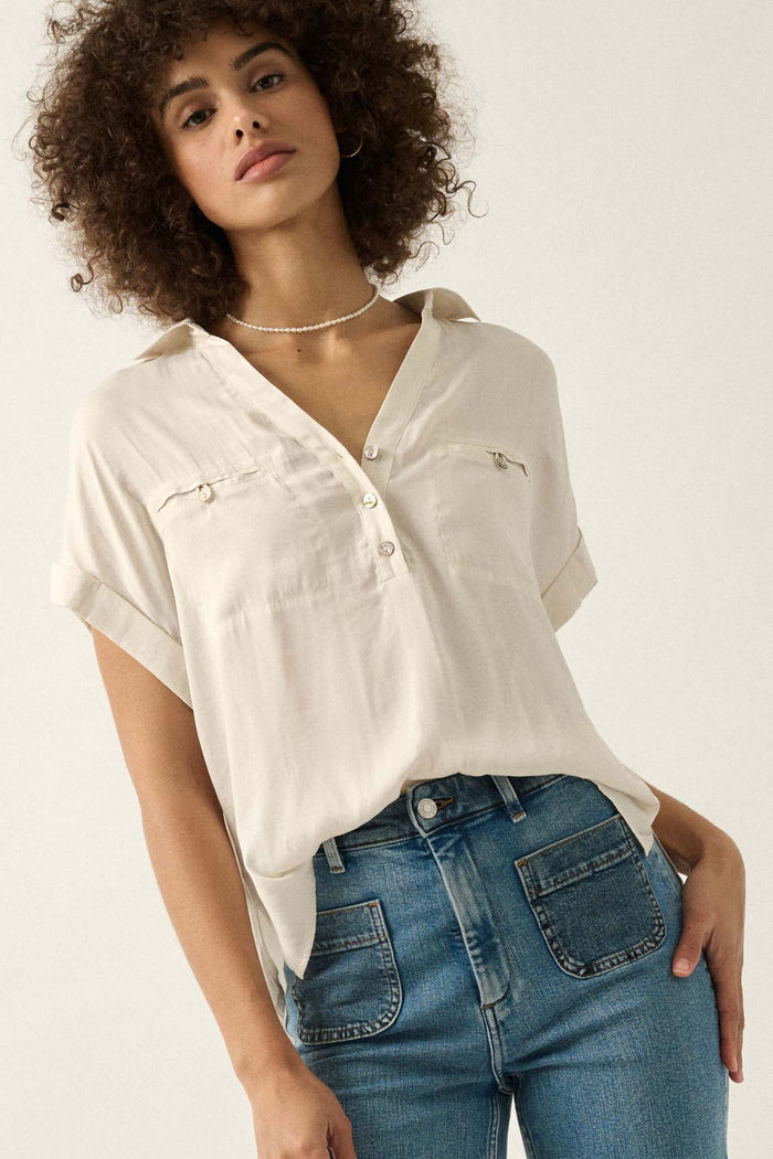 Open Heart Matte Satin Half-Button Pocket Shirt - ShopPromesa