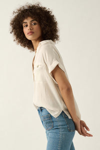 Open Heart Matte Satin Half-Button Pocket Shirt - ShopPromesa