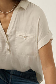 Open Heart Matte Satin Half-Button Pocket Shirt - ShopPromesa