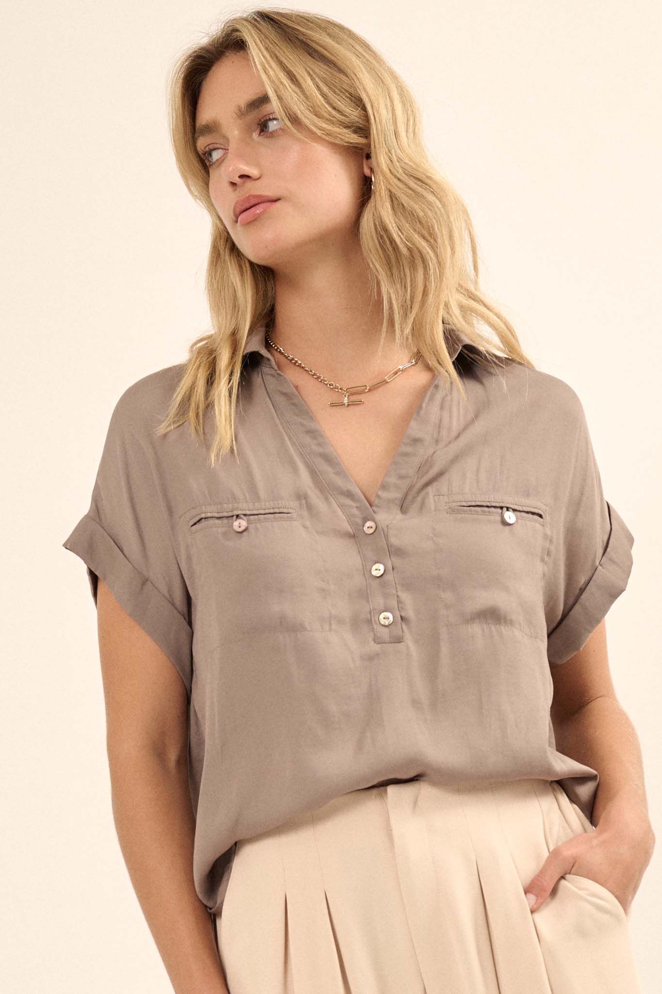 Open Heart Matte Satin Half-Button Pocket Shirt - ShopPromesa