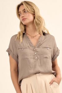 Open Heart Matte Satin Half-Button Pocket Shirt - ShopPromesa