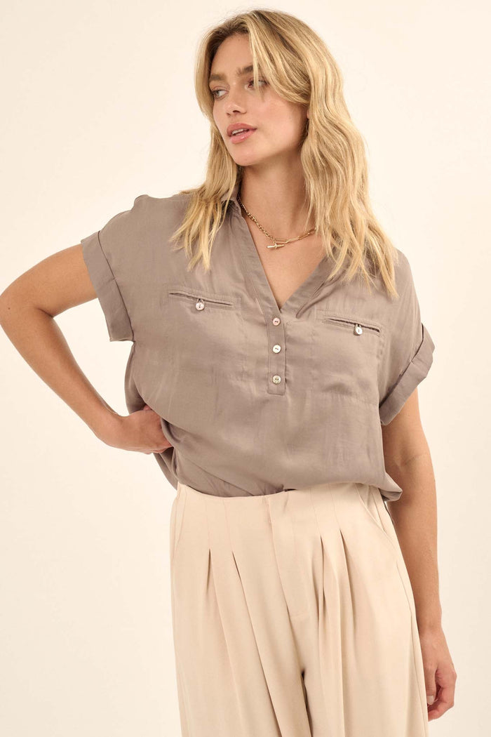 Open Heart Matte Satin Half-Button Pocket Shirt - ShopPromesa